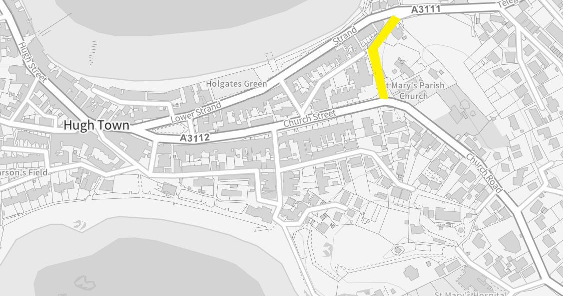 Map of Hugh Town showing a road closure between the Dairy and the Parish Church
