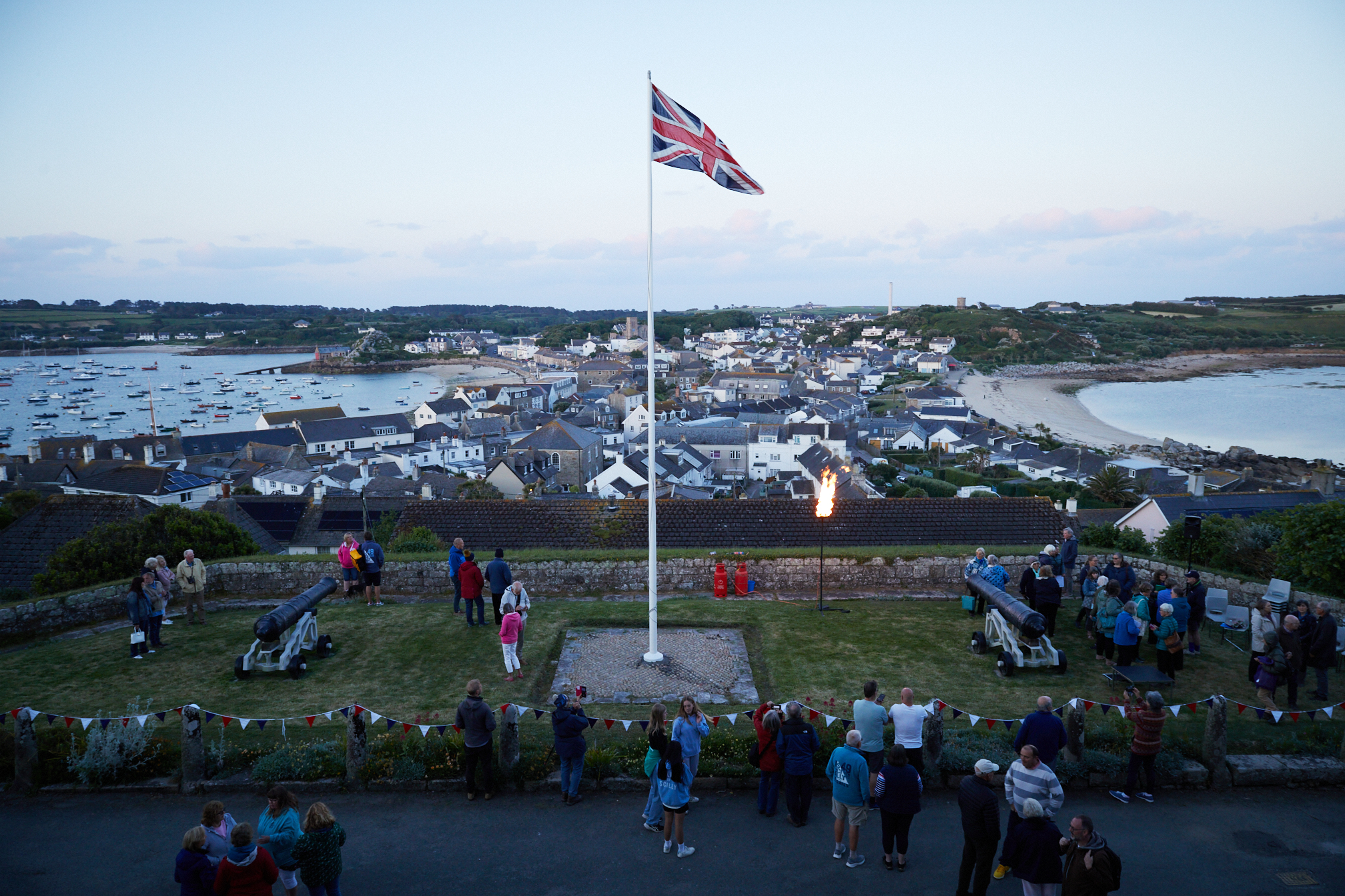 Aerial photo of the beacon shining over Hugh town, St Mary's