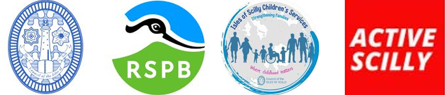 Images of the Council of the Isles of Scilly logo, Children's Services Strengthening Families logo, the Active Scilly logo and the Royal Society for the Protection of Birds logo