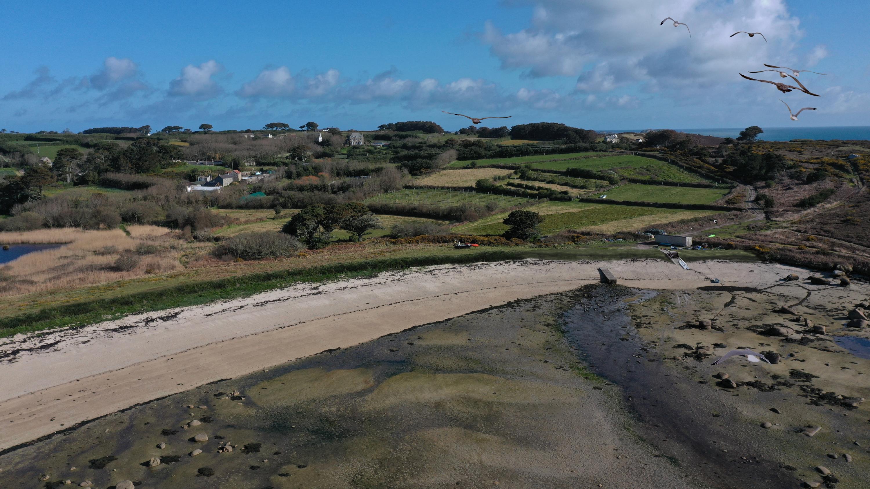 Aerial image of proposed Porth Hellick sea defence works