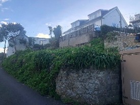 Photo of the view from Jerusalem Terrace from the North showing houses and foliage behind a wall on a hill.